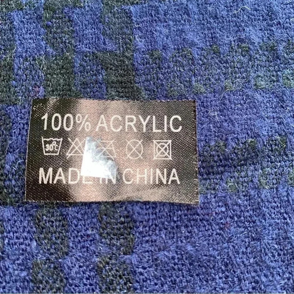 ACRYLIC Dark Blue Plaid Scarf With Fringe - Picture 4 of 4